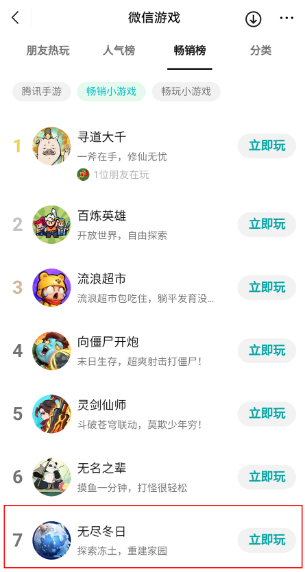 世纪华通《无尽冬日》上线两周进入微信小游戏畅销TOP7